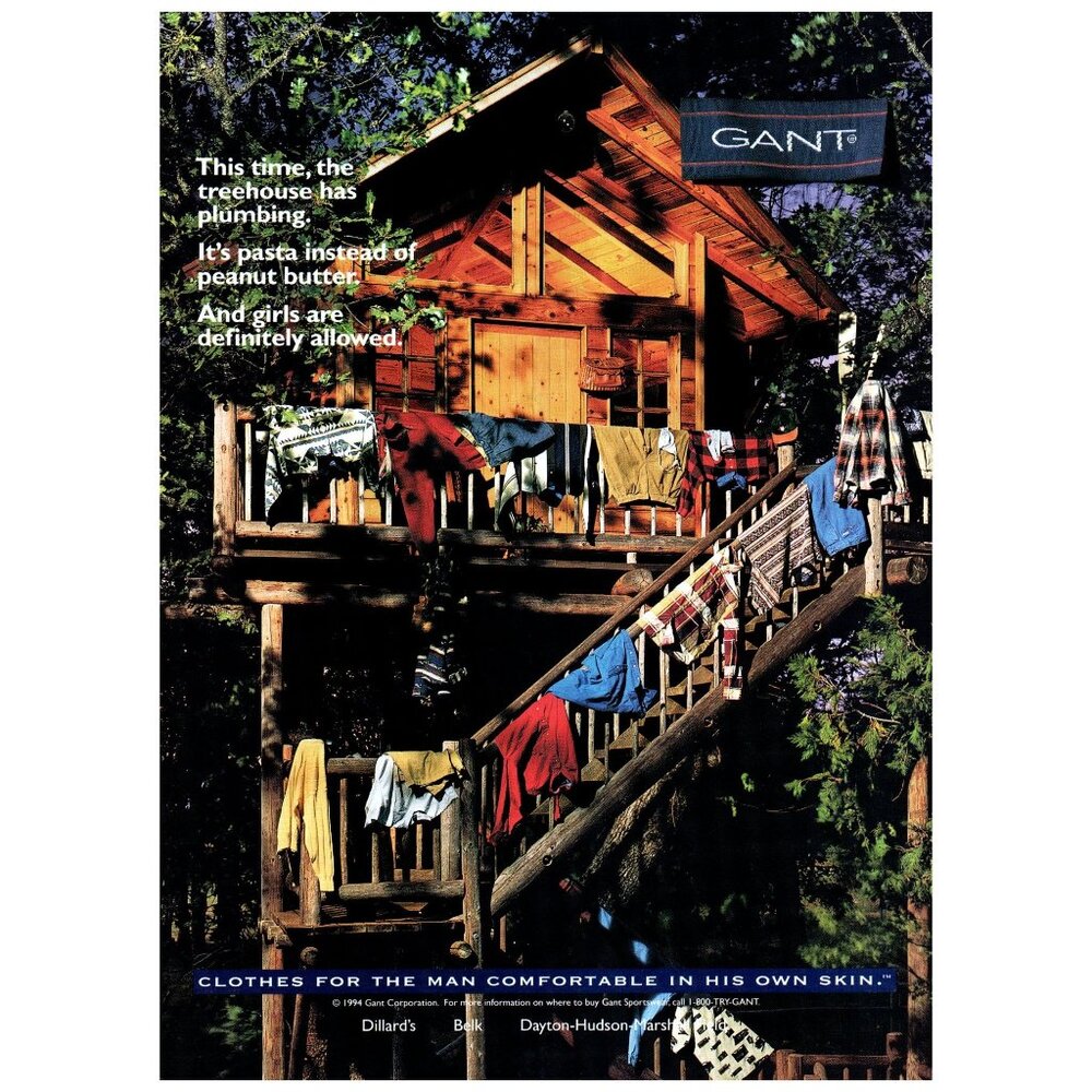 1994 Gant Men's Clothing Treehouse Vintage Print Ad Forest Trees 90s Wall Art